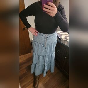 NWT M Jeans By Maurice Size 14 Long Modest Blue Jean Ruffle Maxi Denim Skirt